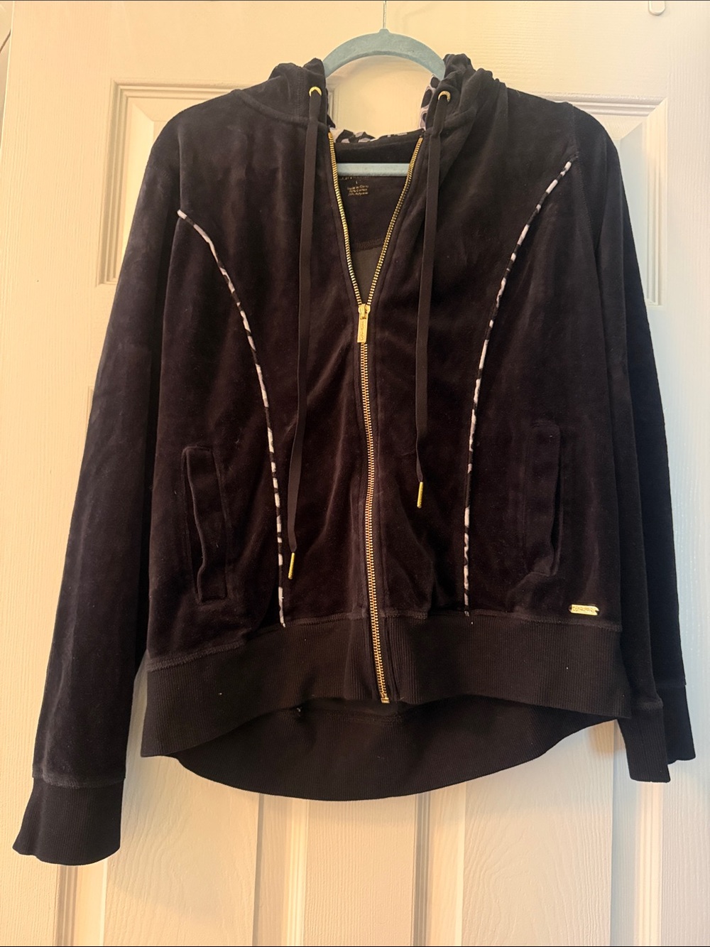 Calvin Klein Black Velour Hooded Zip-Up Teddy Jacket with Gold Hardware